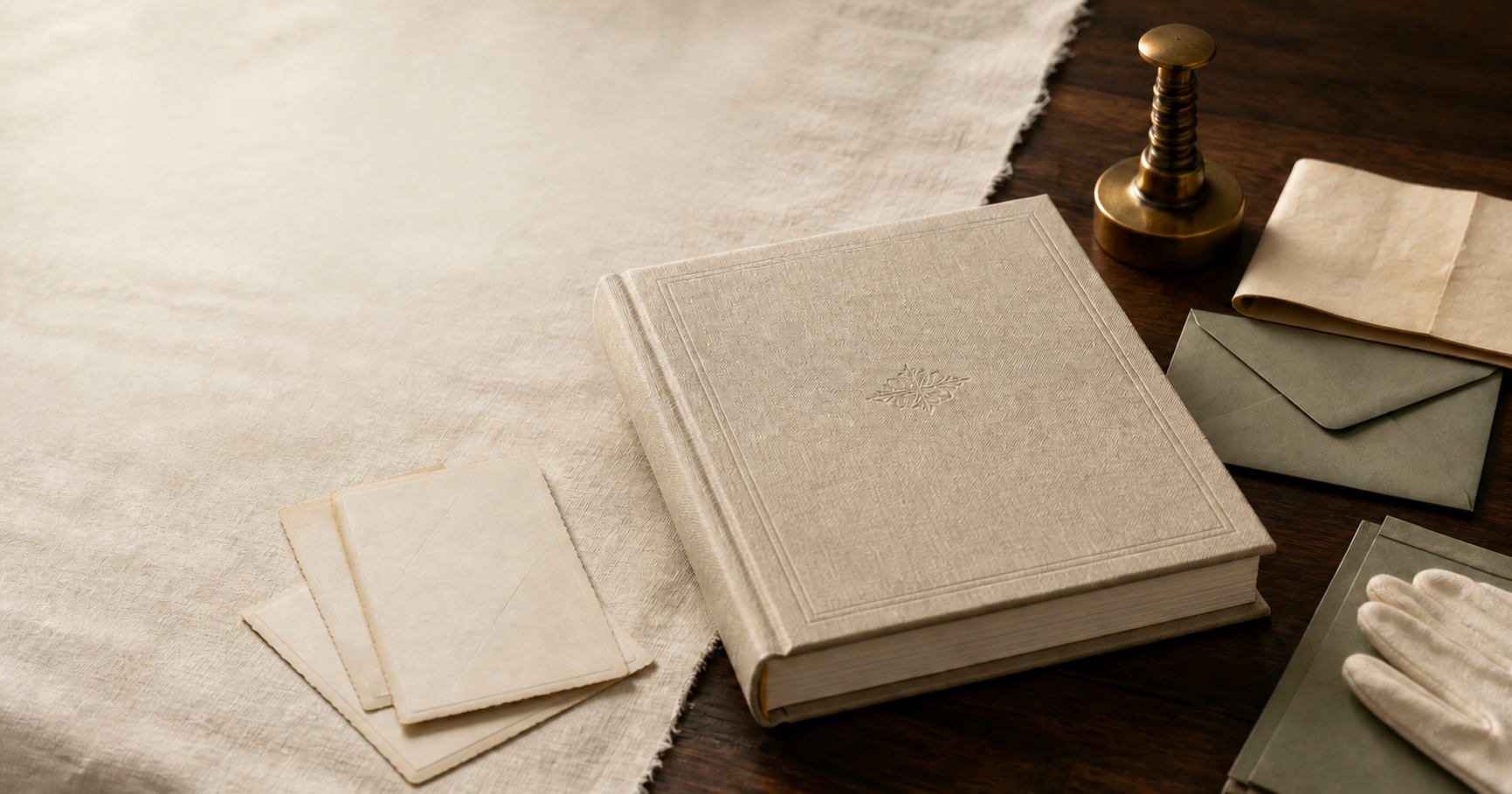 Conceptual study of a linen-bound family Chronicle among archival photographs, a letter, and preservation materials