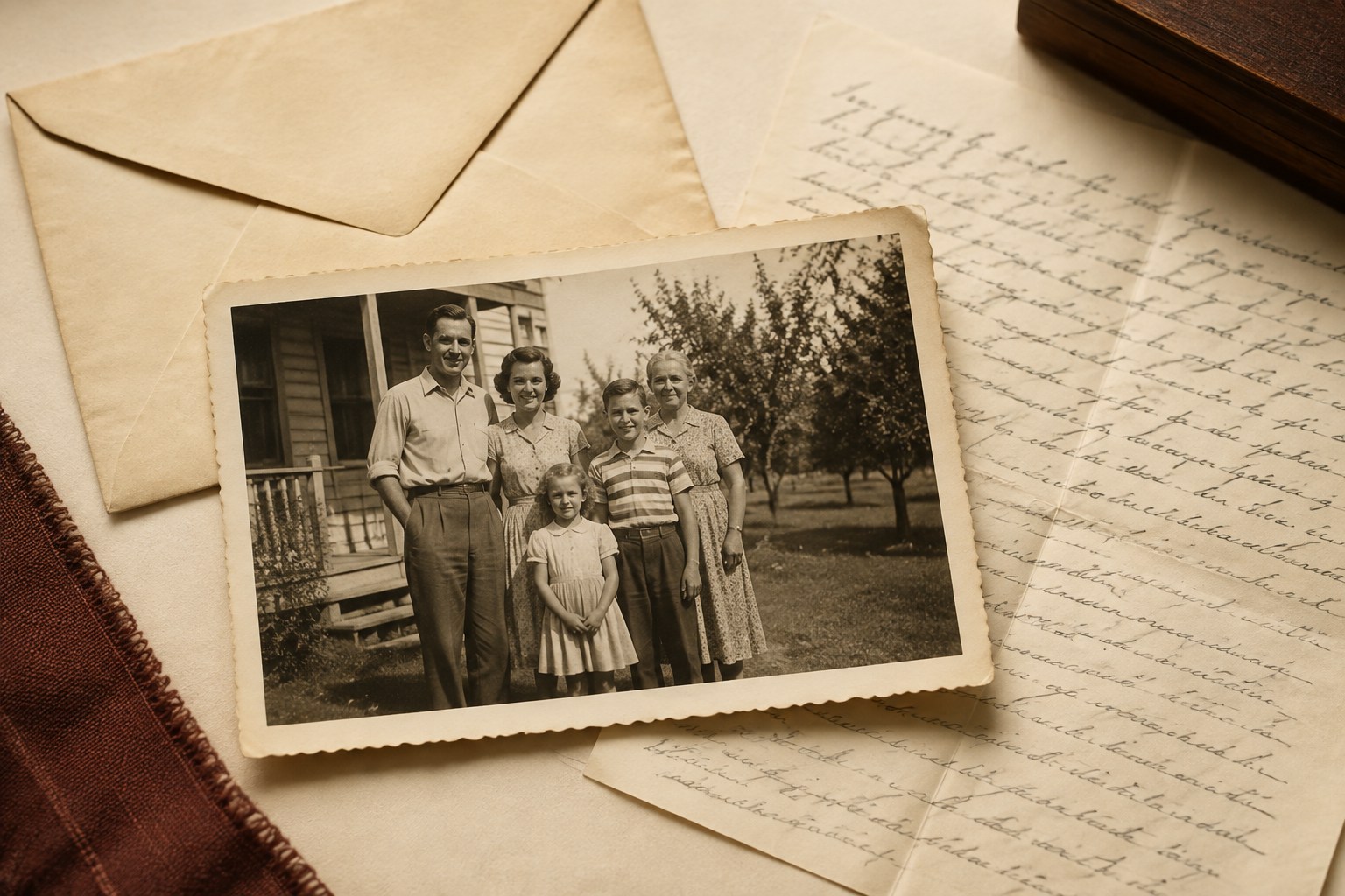 Fictional archival study: a vintage photograph of three adults and two children beside a porch, resting on a letter and envelope